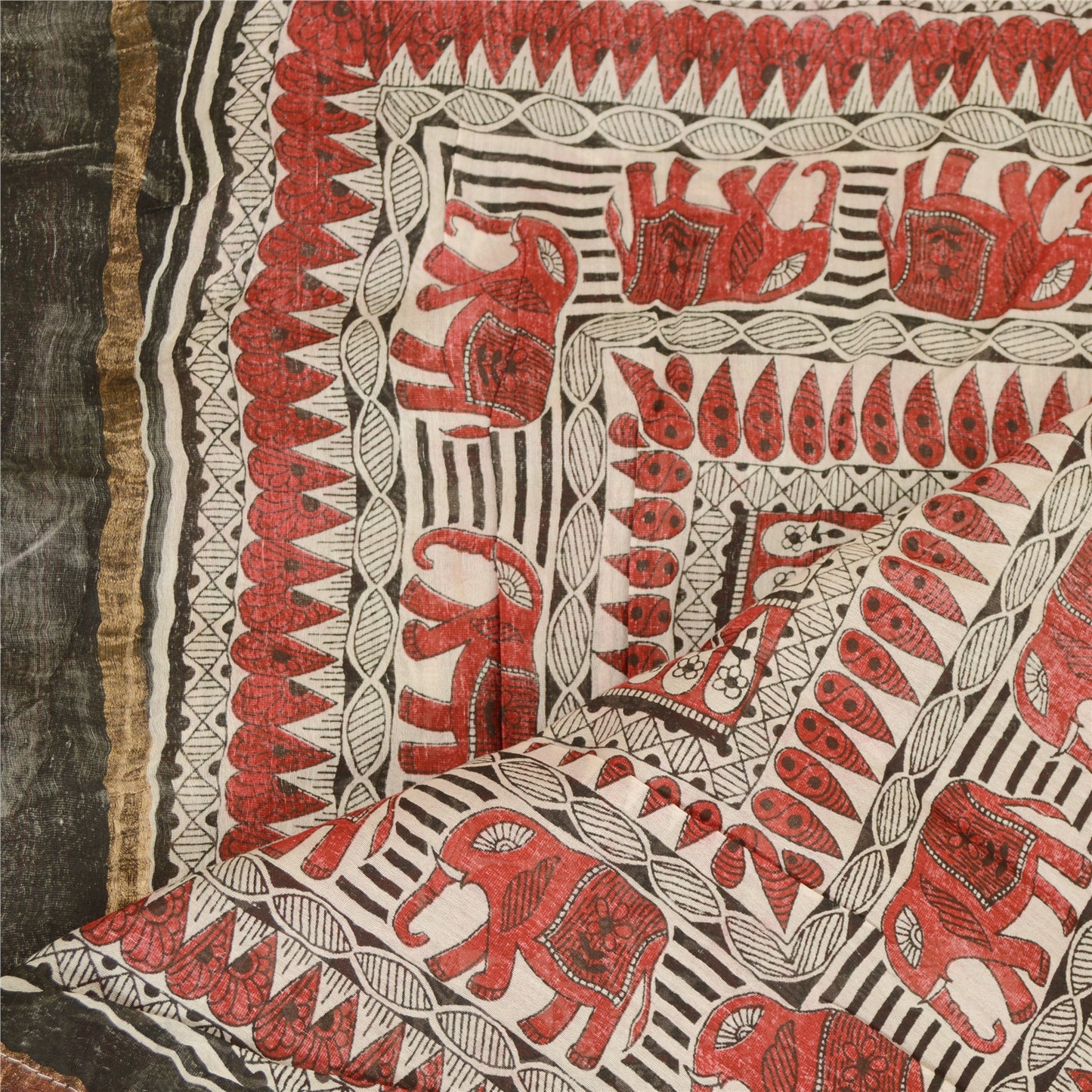 Sanskriti Vintage Dupatta Long Stole Chanderi Ivory Block Printed Animal Scarves