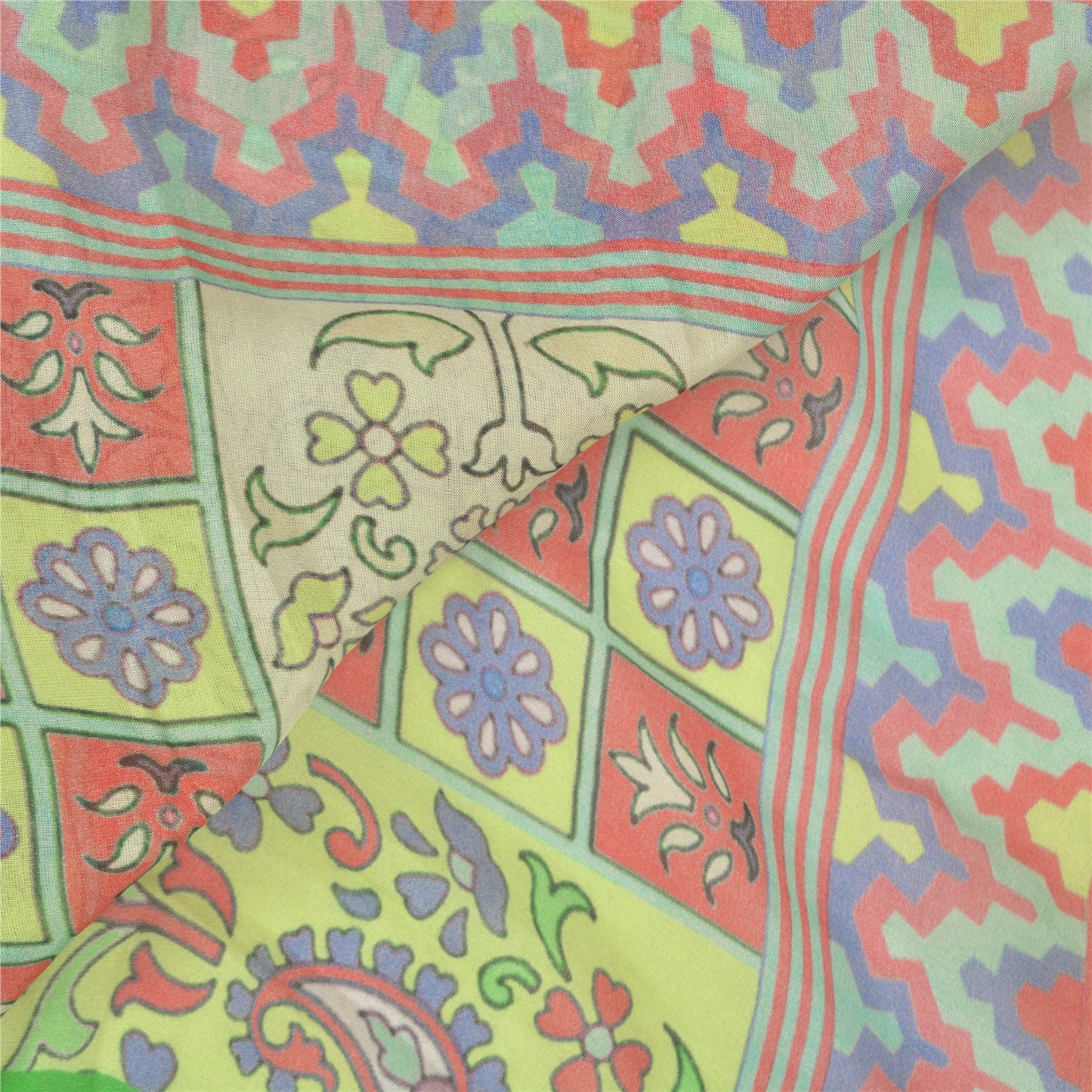 Sanskriti Vintage Dupatta Long Stole Pure Silk Green Hijab Printed Soft Scarves