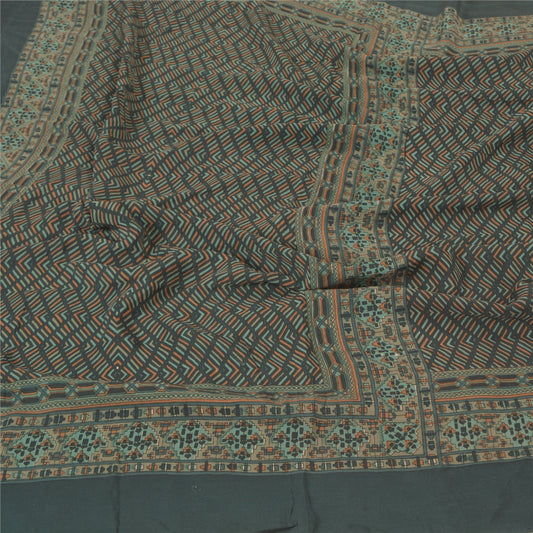 Sanskriti Vintage Dupatta Long Stole Pure Crepe Silk Deep Green Printed Scarves