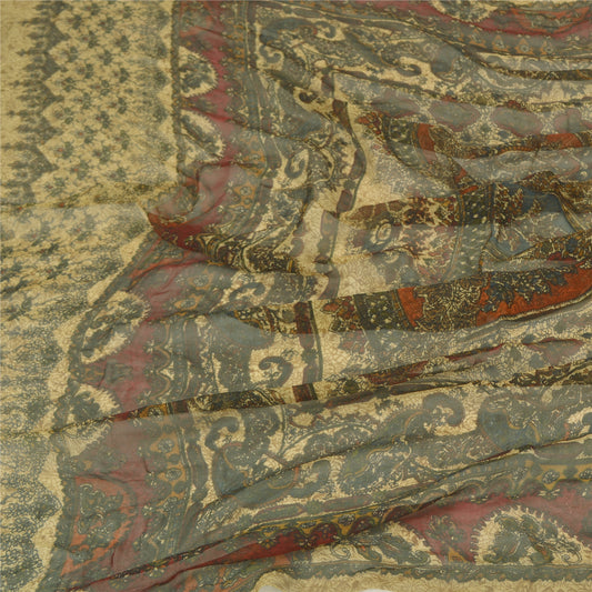 Sanskriti Vintage Dupatta Long Stole Pure Georgette Silk Beige Printed Hijab