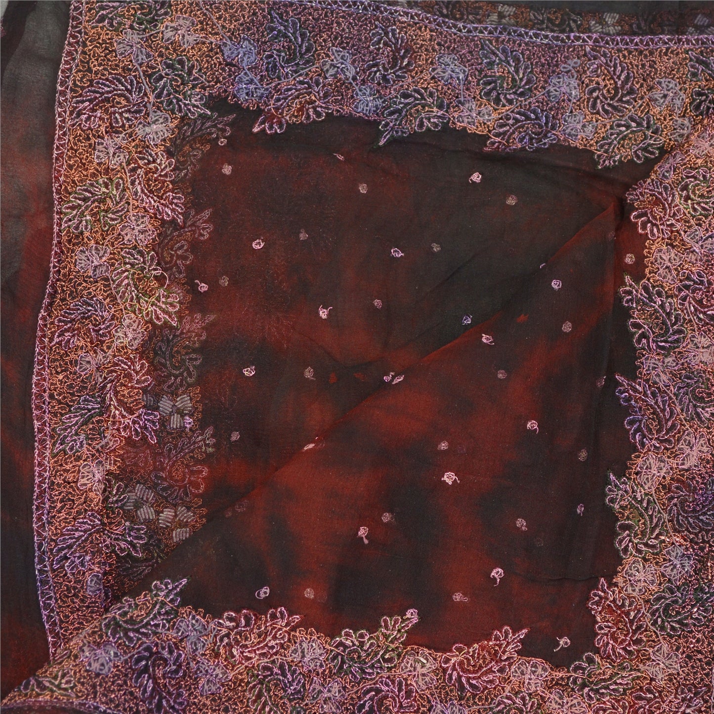 Sanskriti Vintage Dupatta Long Stole Pure Chiffon Silk Dark Red Handmade Tie-Dye