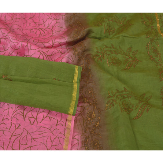 Sanskriti Vintage Dupatta Long Stole Chanderi Green Painted Woven Wrap Scarves