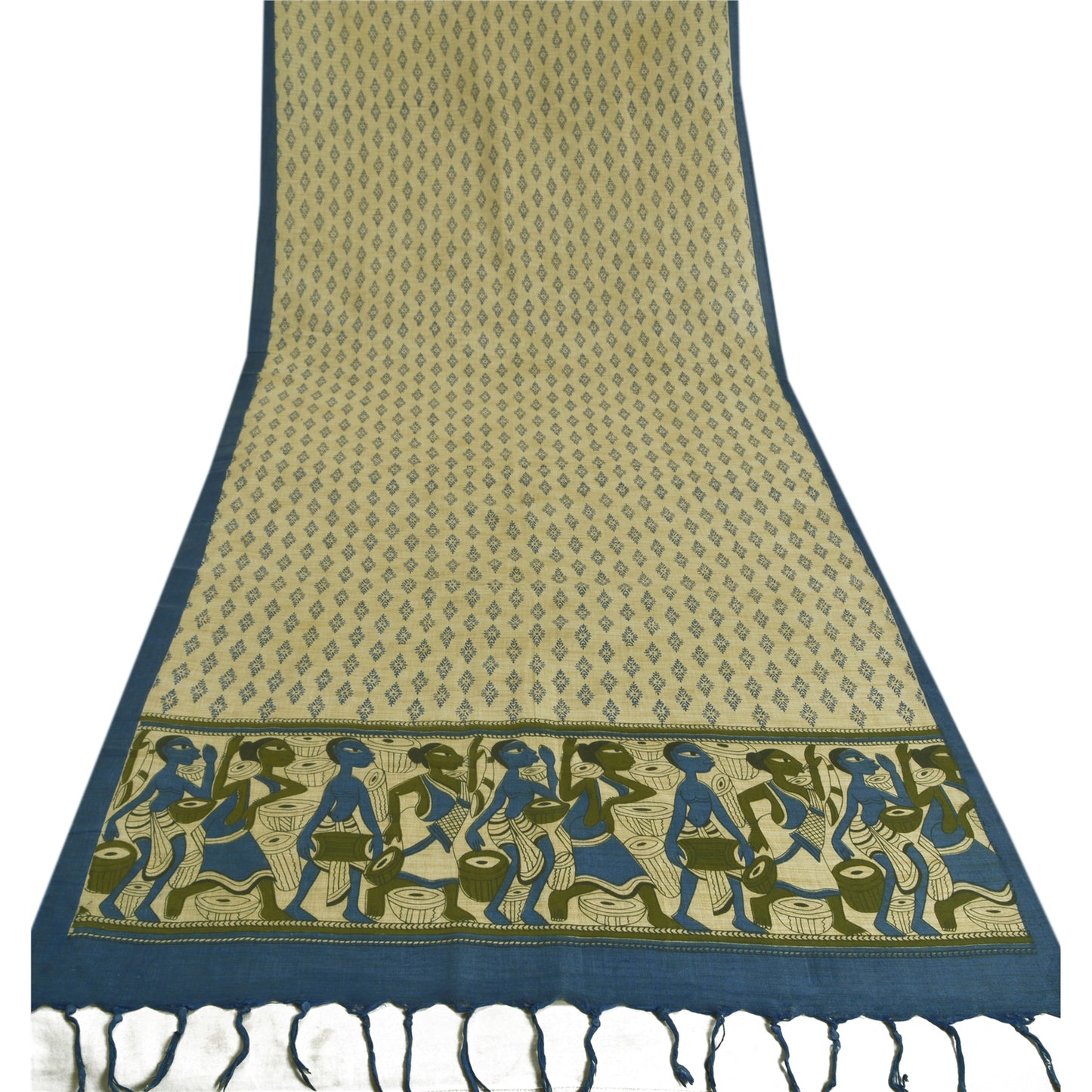 Санскрити Винтаж Дупатта Длинный Палантин Чистый Хлопок Цвета Слоновой Кости Блок Напечатанный Человеческий Хиджаб