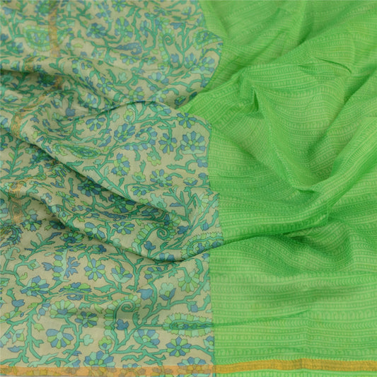 Sanskriti Vintage Dupatta Long Stole Blend Silk Green Printed Floral Scarves