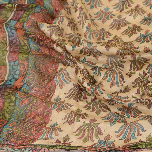 Sanskriti Vintage Dupatta Long Stole 100% Pure Silk Ivory Printed Floral Scarves