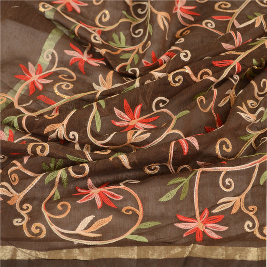 Sanskriti Vintage Dupatta Long Stole Chanderi Brown Hand Embroidered Ari Work