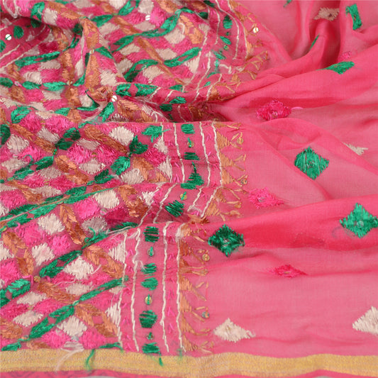Sanskriti Vintage Dupatta Long Stole Chanderi Pink Handmade Bagh Phulkari OOAK