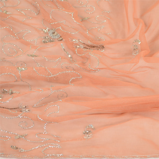 Sanskriti Vintage Dupatta Long Stole Net Mesh Peach Veil Hand Beaded Scarves