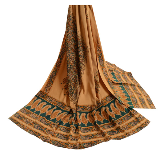 Sanskriti Vintage Dupatta Long Stole 100% Pure Silk Beige Printed Scarves