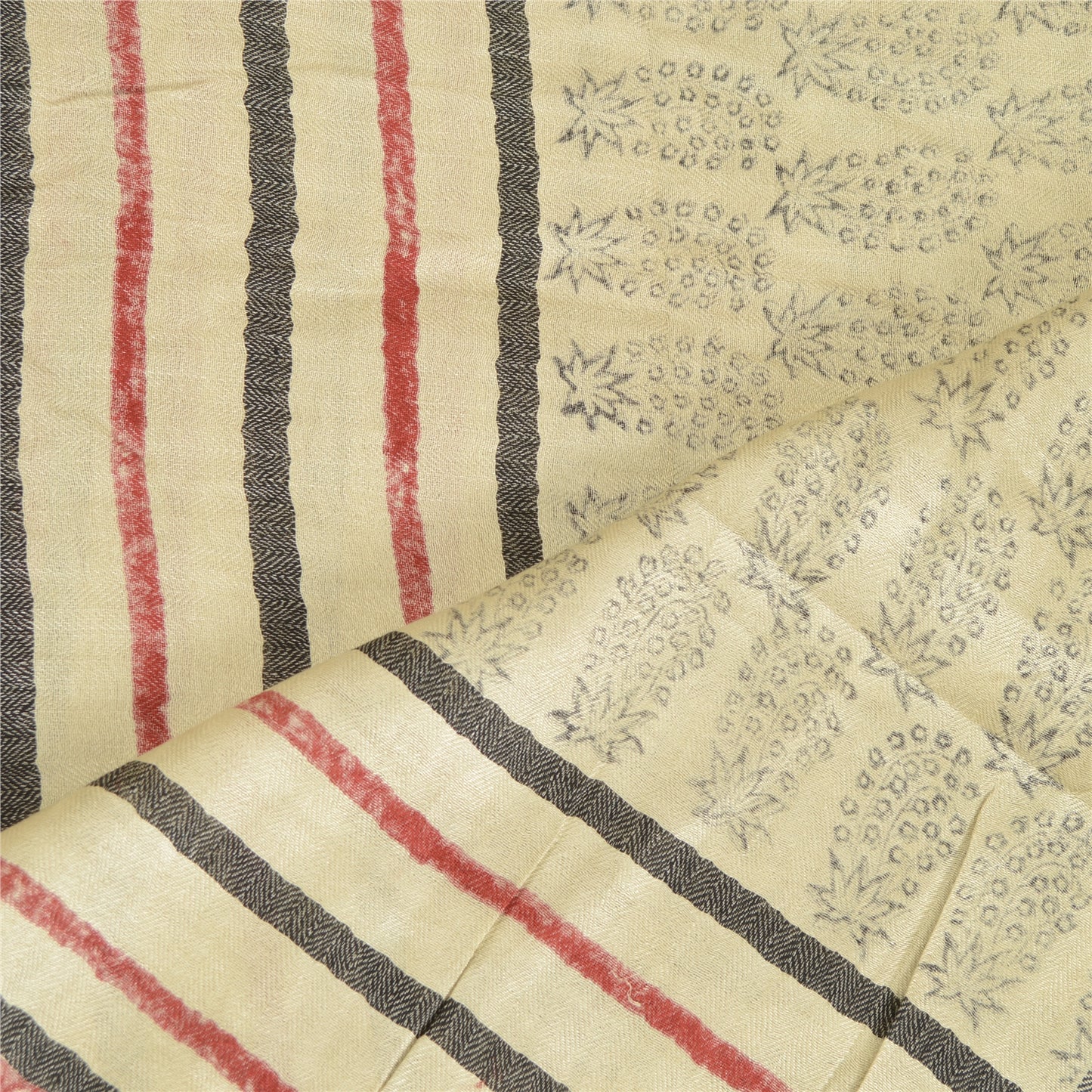 Sanskriti Vintage Dupatta Long Stole Pure Woollen Ivory Hand-Block Printed Shawl