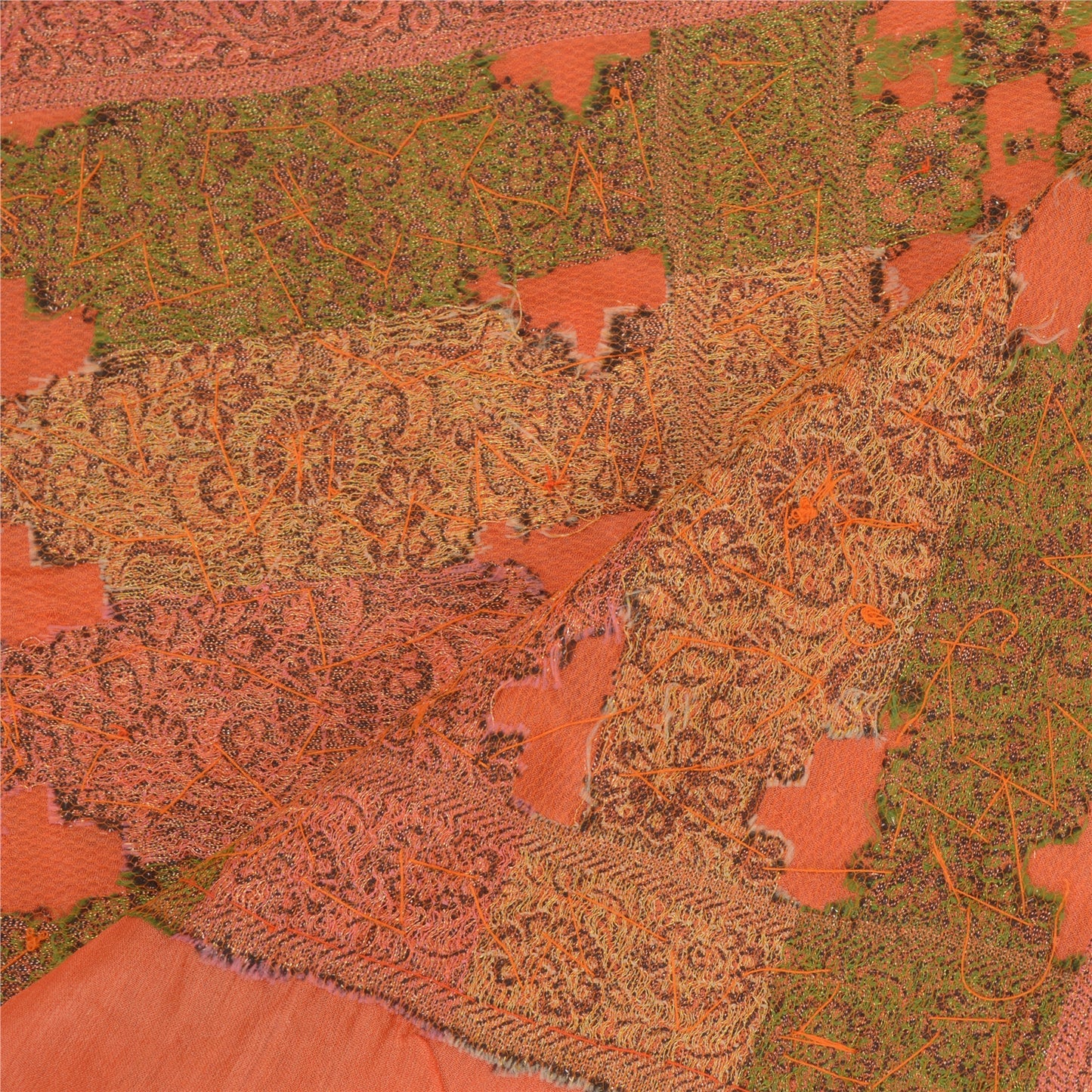 Sanskriti Vintage Dupatta Long Stole Pure Silk Orange Hand Beaded Woven Scarves