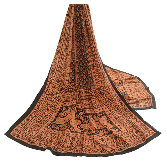 Sanskriti Vintage Dupatta Long Stole Pure Crepe Silk Black Printed Wrap Scarves