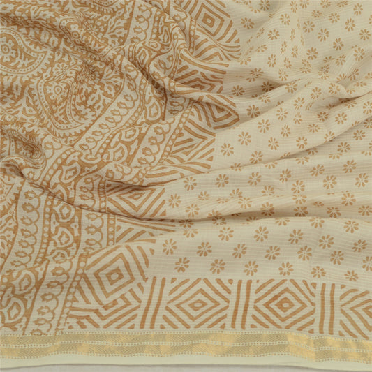 Sanskriti Vintage Ivory Long Dupatta Stole Blend Silk Block Printed Wrap Scarves