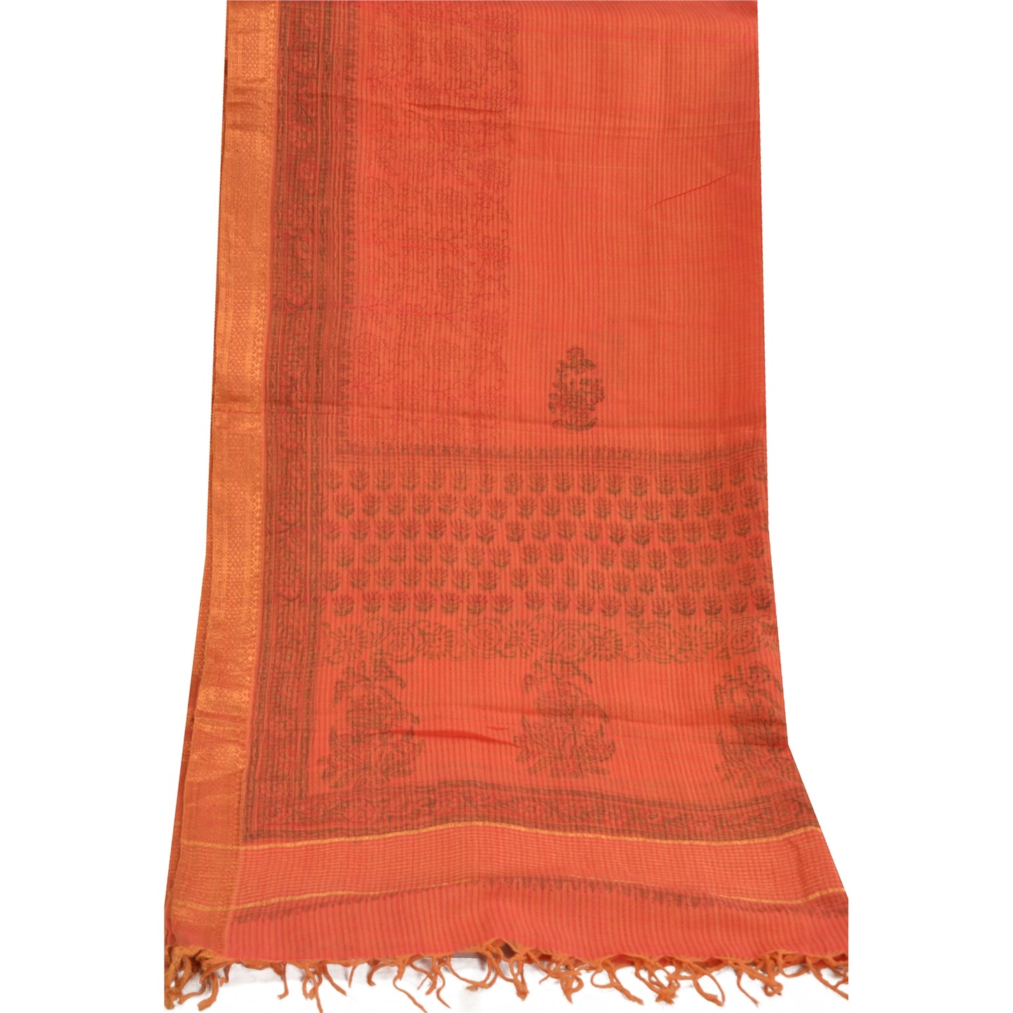 Sanskriti Vintage Orange Long Dupatta Stole Pure Cotton Hand-Block Print Woven