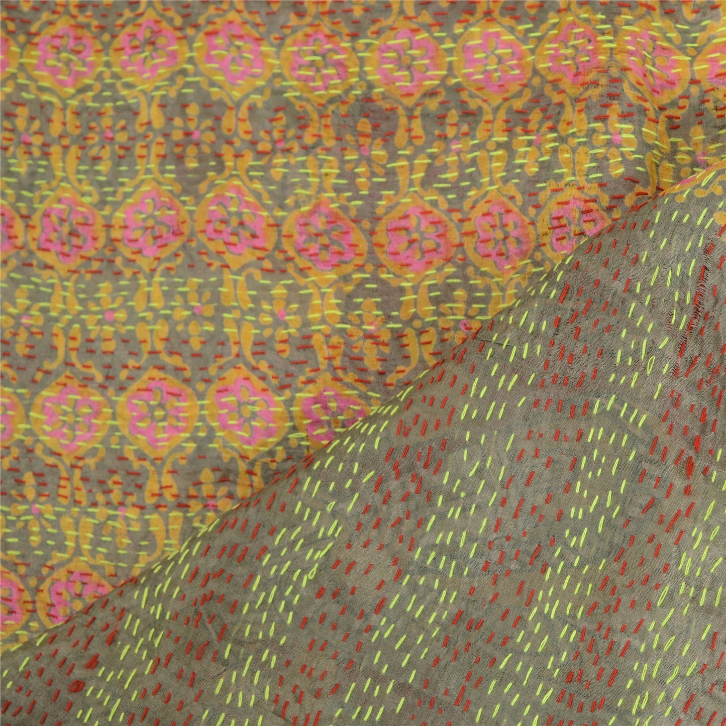 Санскрити Винтаж Дупатта Длинный Палантин Чистый Шелк Темно-Красный/Розовый Ручной Работы Кантха