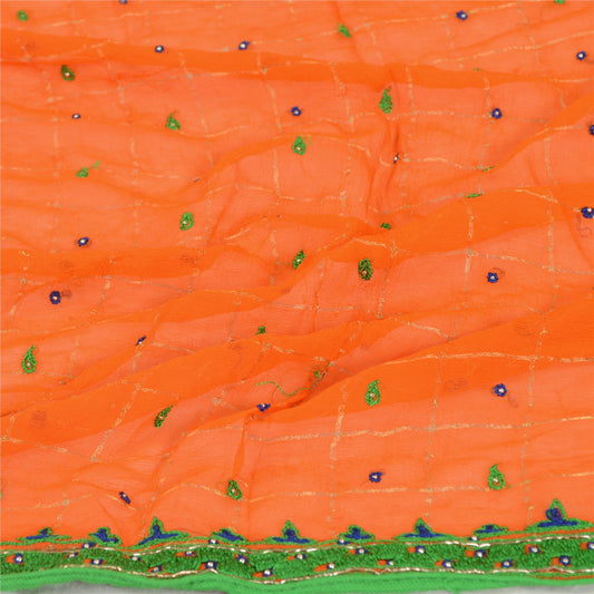 Sanskriti Vintage Long Orange Dupatta/Stole Blend Silk Hand Beaded Woven Scarves