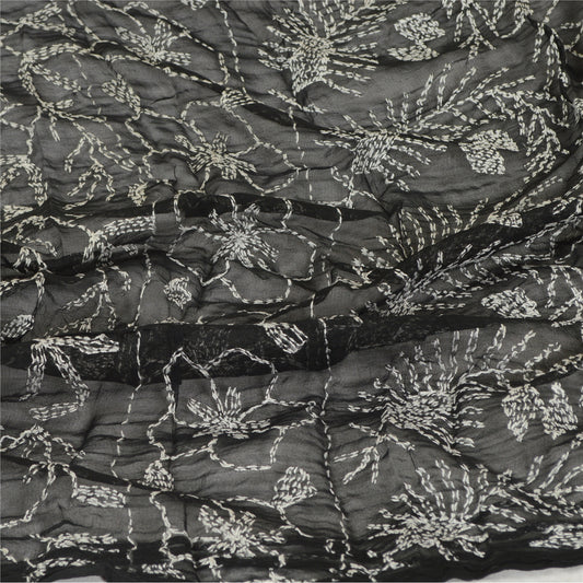 Sanskriti Vintage Dupatta Long Stole Blend Georgette Black Handmade Kantha Veil