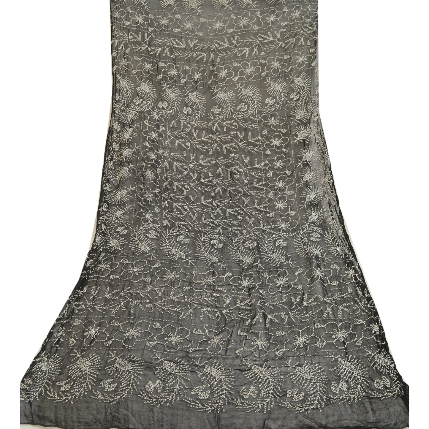 Sanskriti Vintage Dupatta Long Stole Blend Georgette Black Handmade Kantha Veil