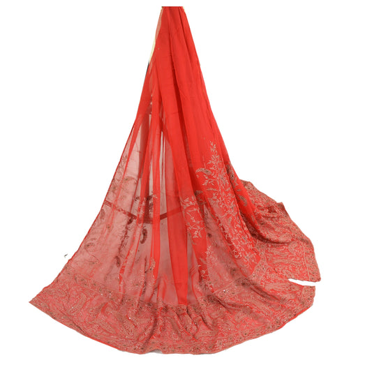 Sanskriti Vintage Red Long Dupatta/Stole Pure Georgette Silk Hand Beaded Veil