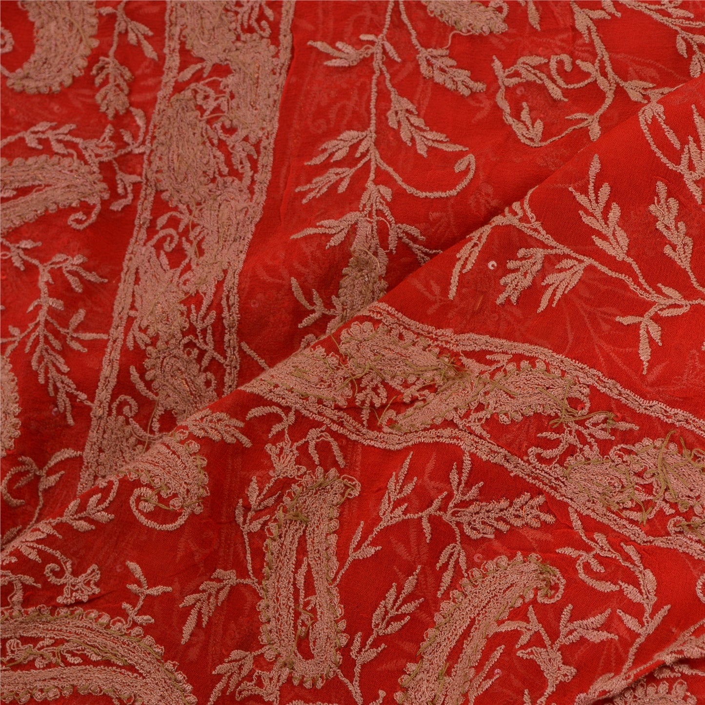 Sanskriti Vintage Red Long Dupatta/Stole Pure Georgette Silk Hand Beaded Veil