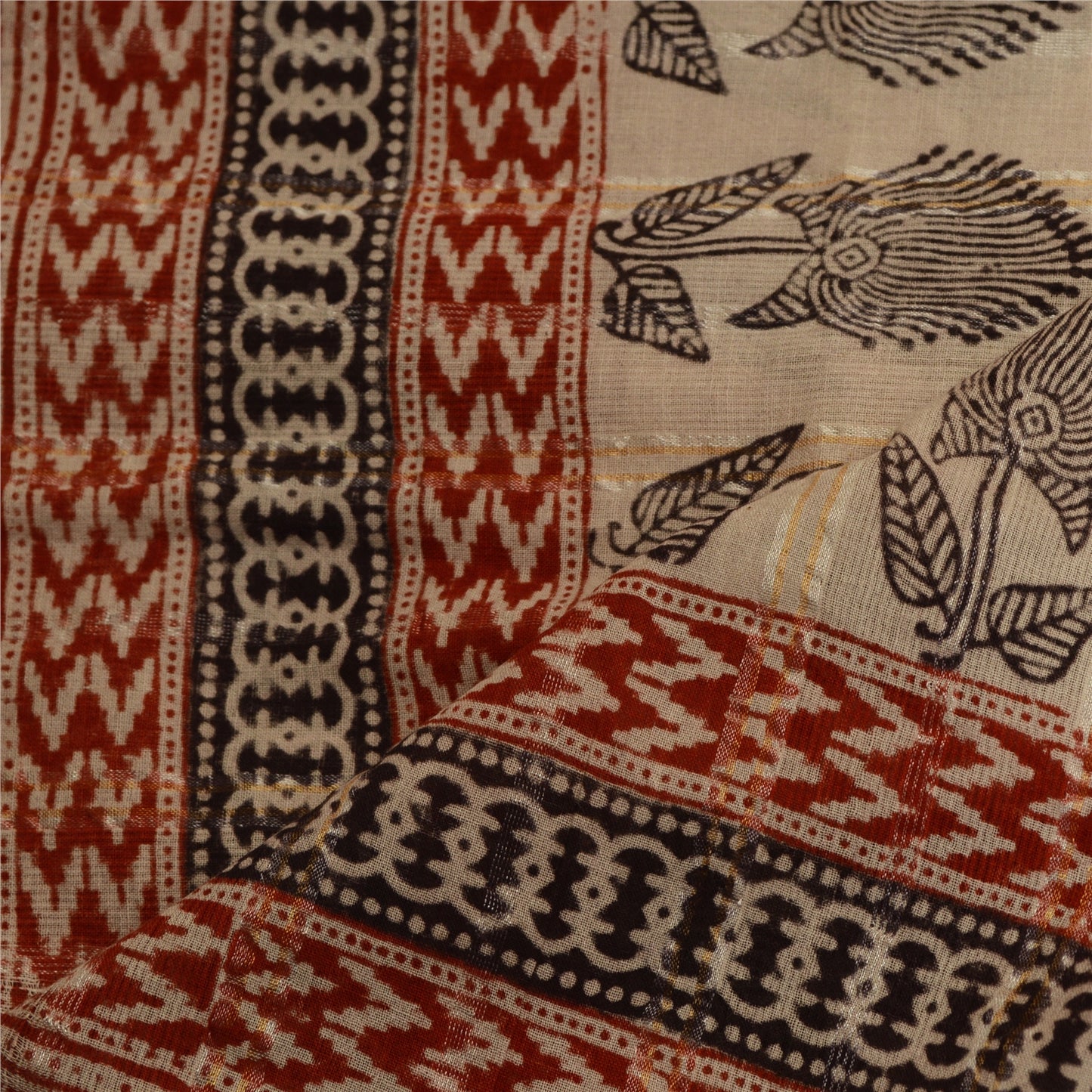 Sanskriti Vintage Dupatta Long Stole Pure Cotton Ivory/Red Block Printed Hijab