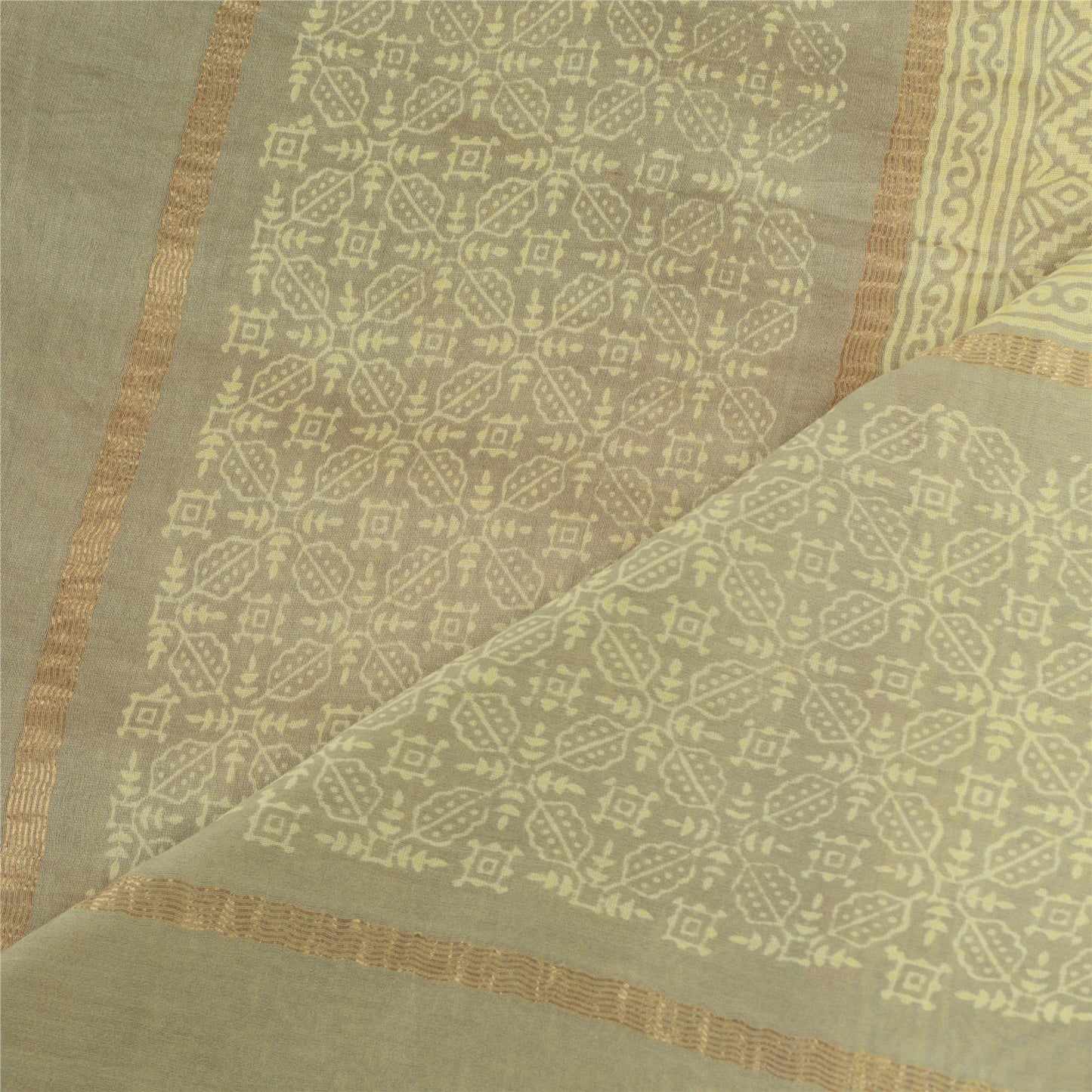 Sanskriti Vintage Long Dupatta Pure Chanderi Silk Olive Green Block Print Stole