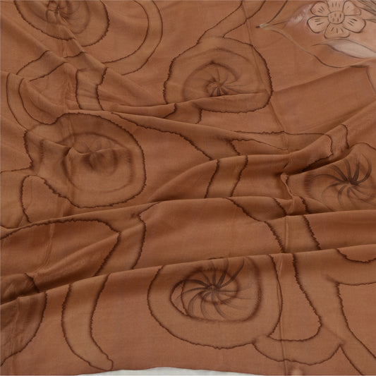 Sanskriti Vintage Brown Long Dupatta/ Pure Crepe Silk Hijab Floral Printed Veil Add-Elegance to Table Linen, Curtains, Cushions