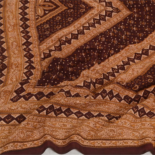 Sanskriti Vintage Brown Long Dupatta/Stole Pure Crepe Silk Printed Wrap Veil