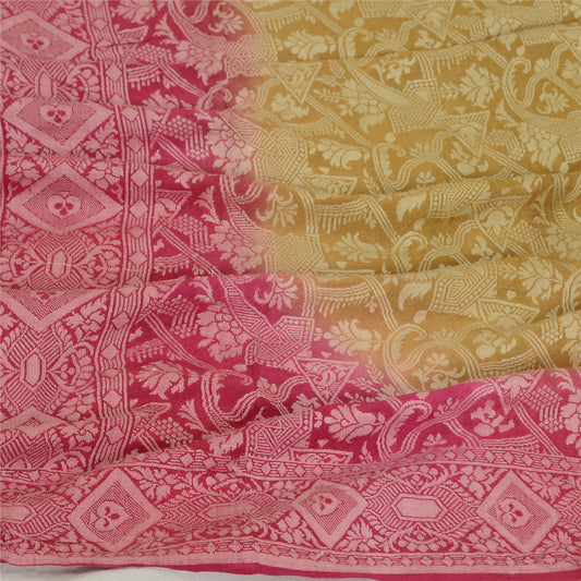 Sanskriti Vintage Mustard/Pink Pure Silk Dupatta Long Stole Woven Wrap Scarves