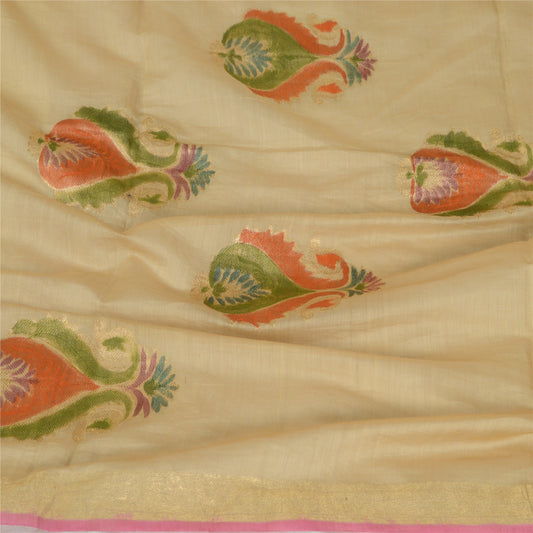 Sanskriti Vintage Cream/Pink Long Dupatta/Stole Pure Chanderi Silk Woven Zari