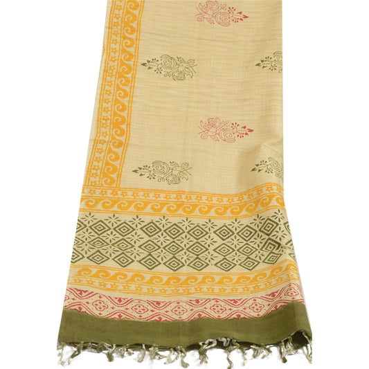 Sanskriti Vintage Long Dupatta Pure Cotton Ivory Hand-Block Printed Shawl For Crafting, Upcycling, or Even Wearing Craft Supplies