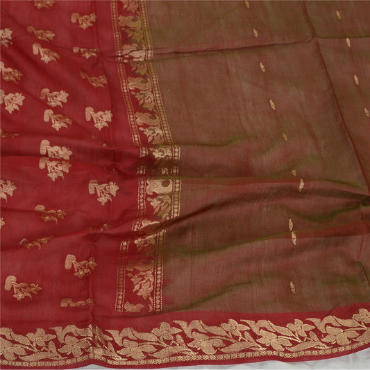 Sanskriti Vintage Brown/Red Long Dupatta/Stole Pure Silk Hijab Woven Scarves