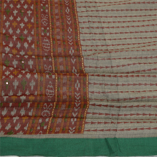 Sanskriti Vintage Grey/Dark Red Long Dupatta Stole Pure Cotton Woven Ikat Veil