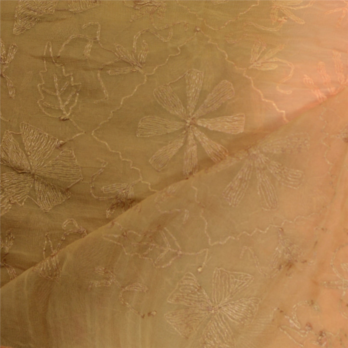 Sanskriti Vintage Dupatta Long Stole Blend Georgette Peach/Green Handmade Kantha