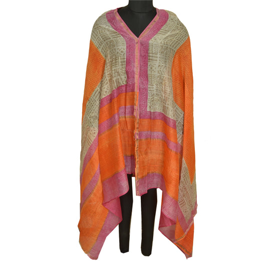 Sanskriti Vintage Orange/Pink Long Dupatta Stole Cotton Silk Block Printed Veil
