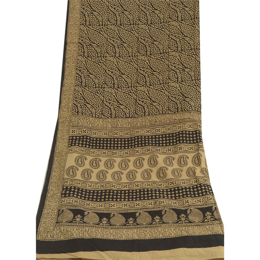 Sanskriti Vintage Long Dupatta Stole Pure Cotton Brown/Black Hand-Block Printed