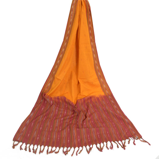 Sanskriti Vintage Long Dupatta Stole Pure Cotton Saffron/Red Woven Ikat Scarves