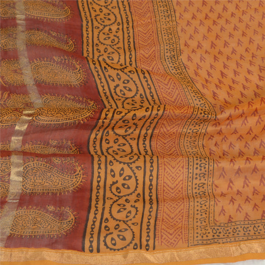 Sanskriti Vintage Long Dupatta Stole Cotton Silk Burnt Orange Hand-Block Printed