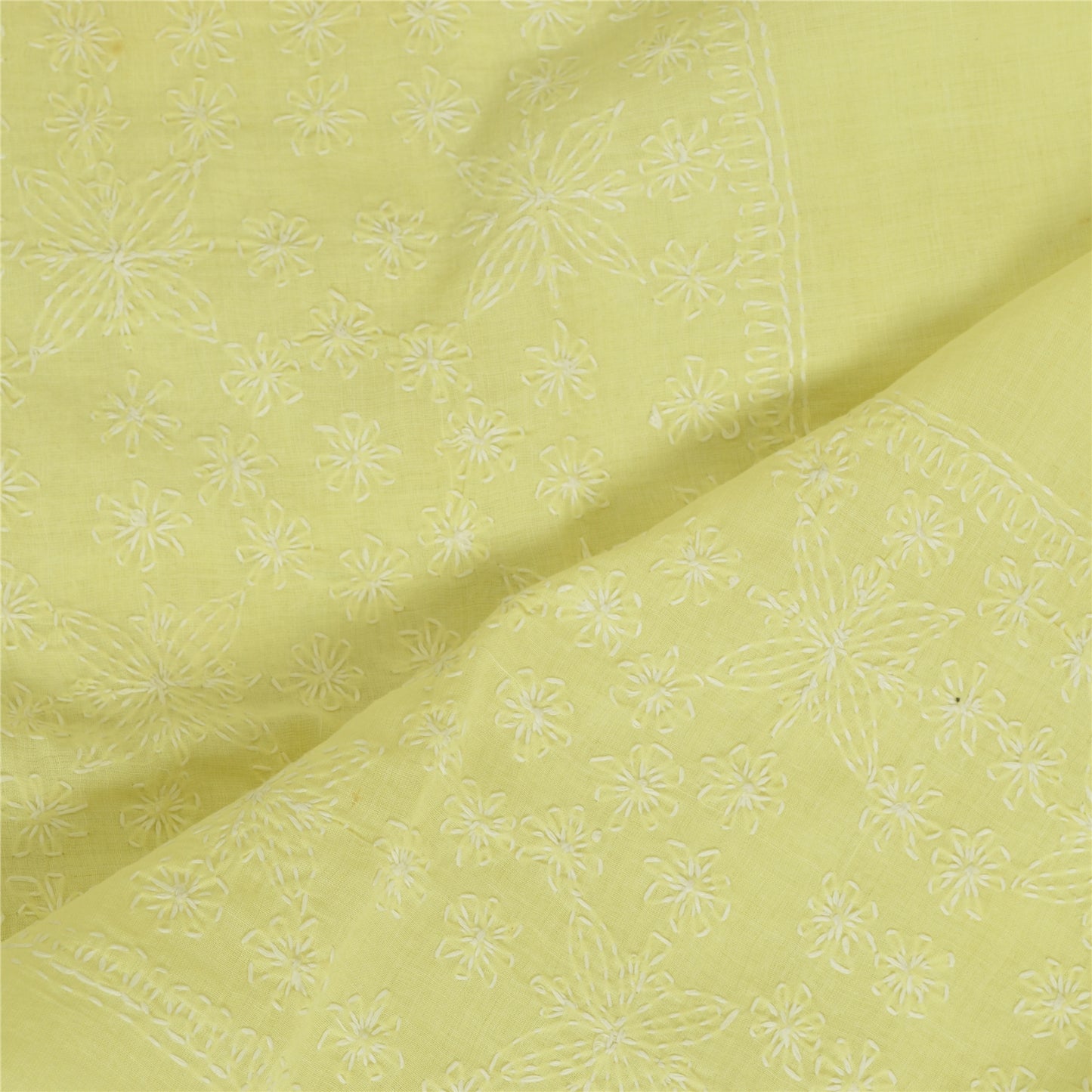 Sanskriti Vintage Dupatta Long Stole Pure Cotton Lemon Hand Beaded Kantha Veil