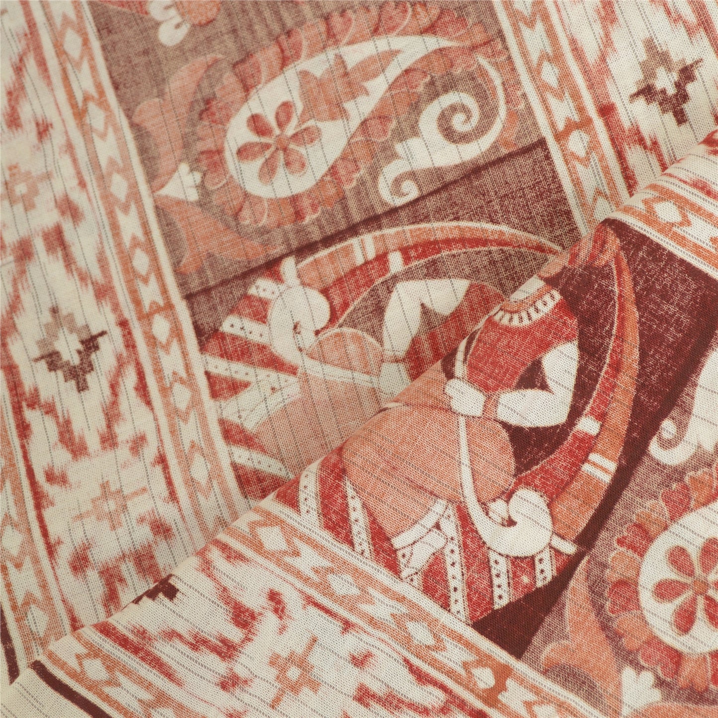 Sanskriti Vintage Ivory/Brown Long Dupatta Stole Pure Cotton Block Printed Hijab