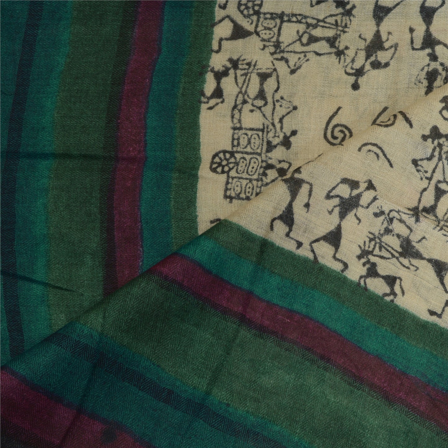 Sanskriti Vintage Long Dupatta Stole Pure Woolen Ivory Warli Printed Soft Hijab