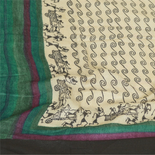 Sanskriti Vintage Long Dupatta Stole Pure Woolen Ivory Warli Printed Soft Hijab