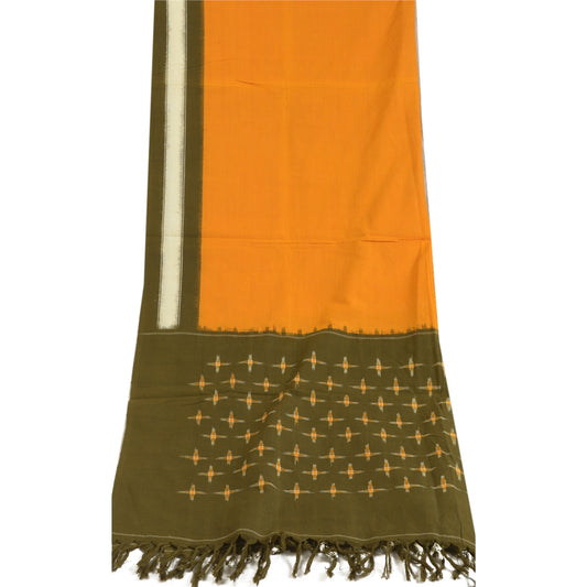 Sanskriti Vintage Long Dupatta Stole Pure Cotton Saffron/Green Woven Ikat Hijab