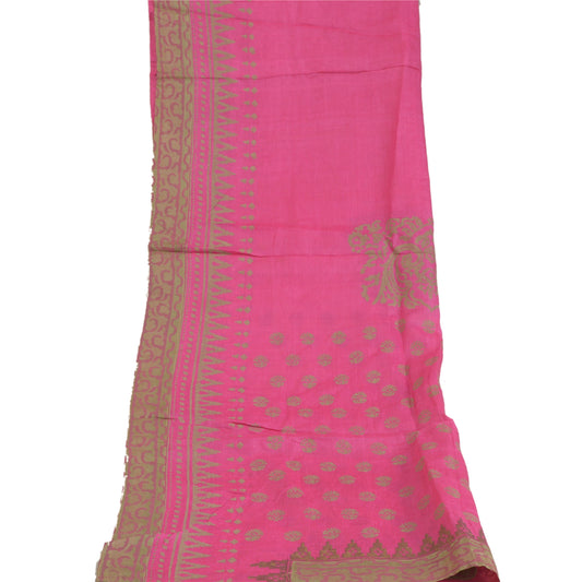 Sanskriti Vintage Long Dupatta Pure Silk Hot Pink Hand-Block Printed Veil Add-Elegance to Table Linen, Curtains, or Cushions