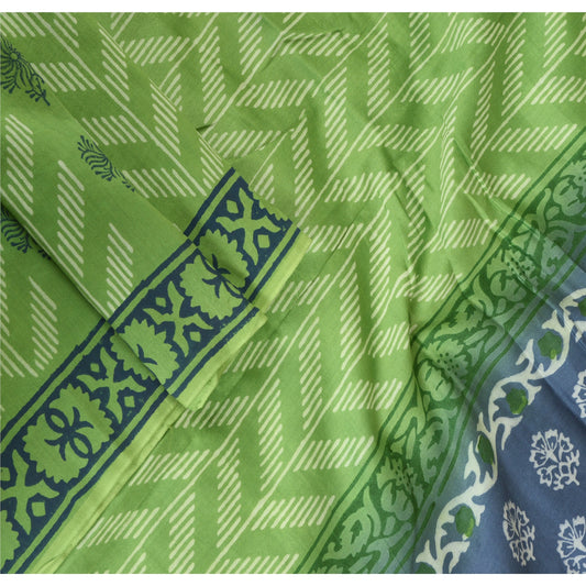 Sanskriti Vintage Long Green/Blue Dupatta/Stole Pure Chanderi Hand-Block Printed