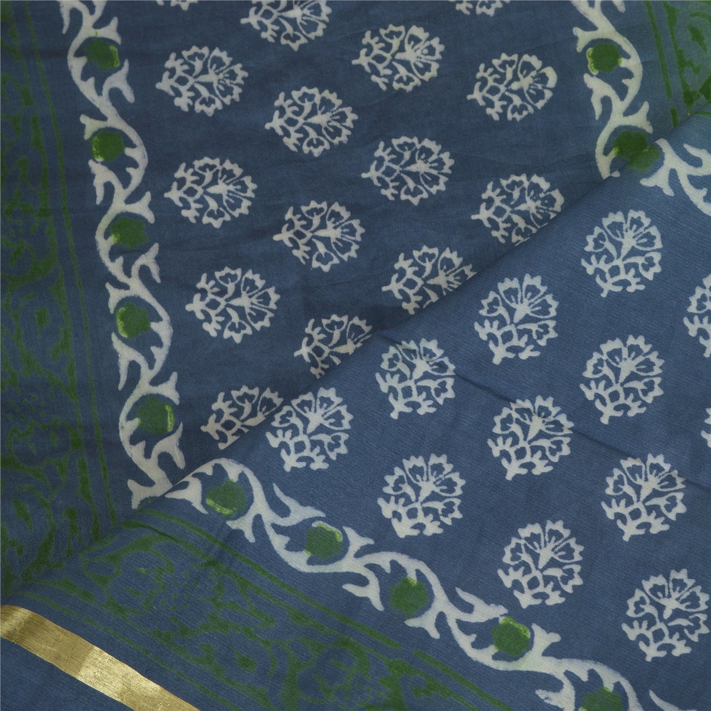 Sanskriti Vintage Long Green/Blue Dupatta/Stole Pure Chanderi Hand-Block Printed