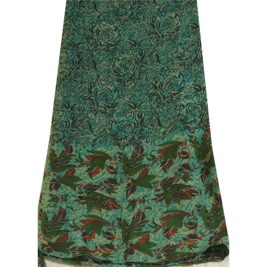 Sanskriti Vintage Long Green Dupatta/Stole Pure Crepe Silk Printed Wrap Hijab
