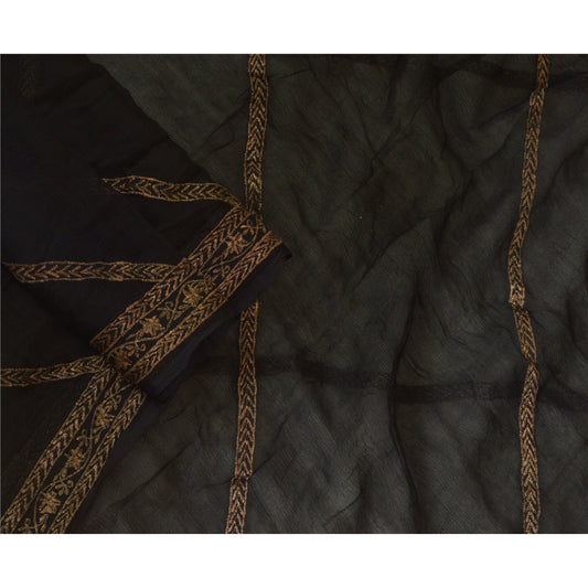 Sanskriti Vintage Long Black Dupatta/Stole Pure Chiffon Silk Embroidered Scarves