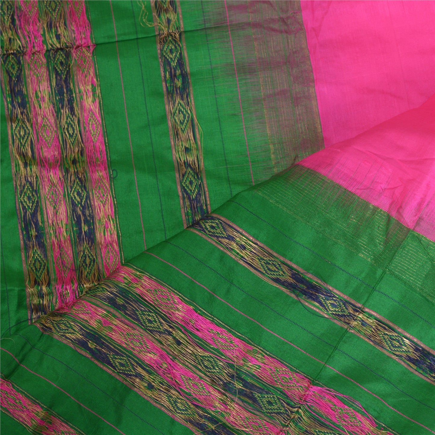 Sanskriti Vintage Long Dupatta Stole Pure Silk Hot Pink/Green Woven Brocade Veil