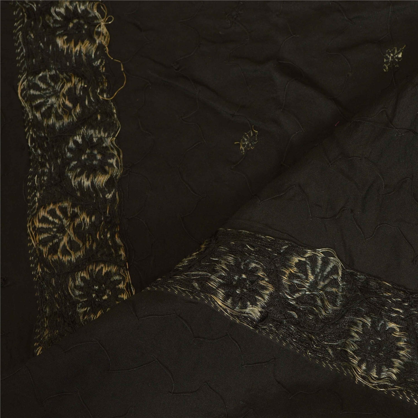 Sanskriti Vintage Long Dupatta Stole Pure Silk Black Hand Beaded Woven Brocade